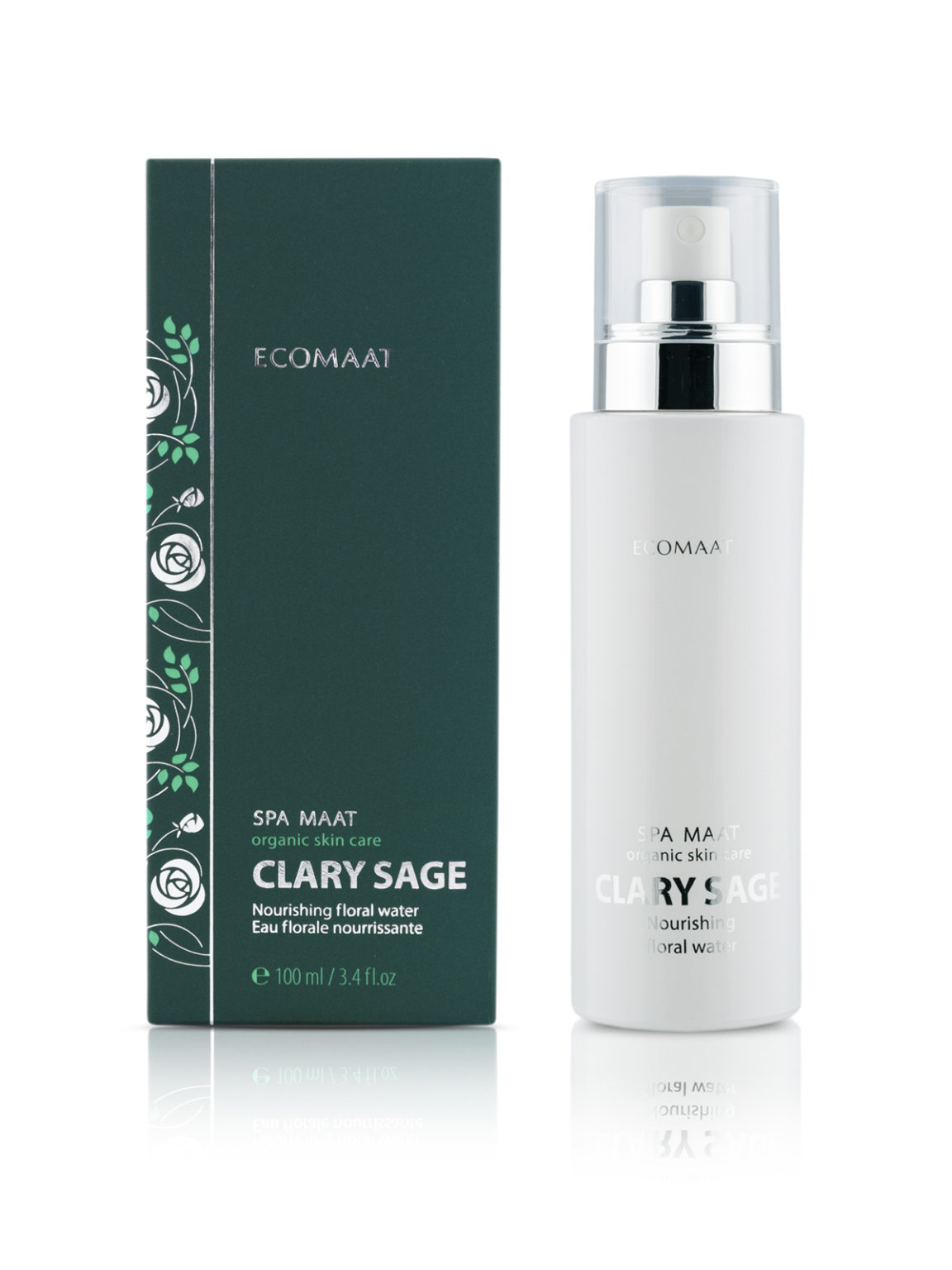 Bottle of Clary Sage Floral Water, steam-distilled from clary sage blooms, offering hydration, sebum balance, rejuvenation for mature skin, and natural deodorizing care