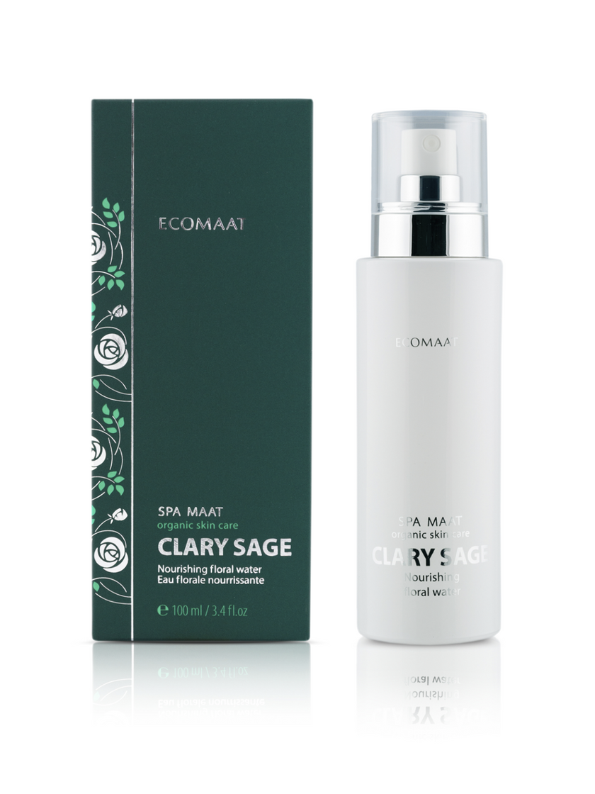 Bottle of Clary Sage Floral Water, steam-distilled from clary sage blooms, offering hydration, sebum balance, rejuvenation for mature skin, and natural deodorizing care