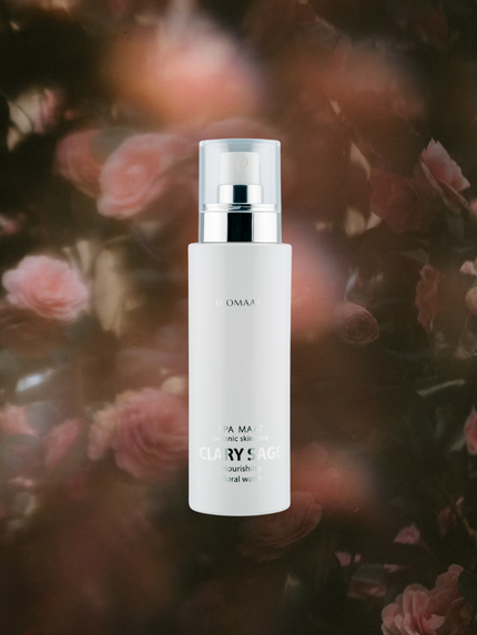 Bottle of Clary Sage Floral Water, steam-distilled from clary sage blooms, offering hydration, sebum balance, rejuvenation for mature skin, and natural deodorizing care