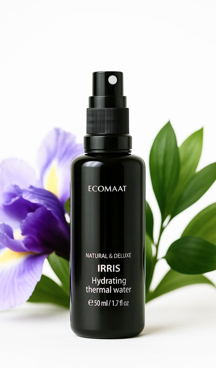 Bottle of Irris Thermal Water with Bulgarian iris root extract, providing aromatic hydration, soothing, and skin renewal for face and body