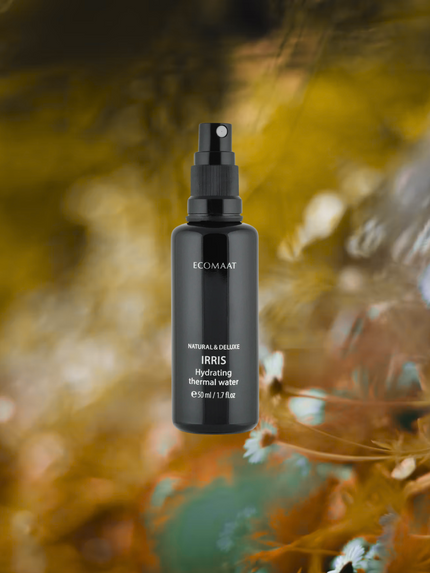 Bottle of Irris Thermal Water with Bulgarian iris root extract, providing aromatic hydration, soothing, and skin renewal for face and body