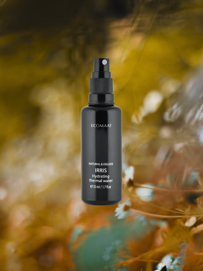Bottle of Irris Thermal Water with Bulgarian iris root extract, providing aromatic hydration, soothing, and skin renewal for face and body