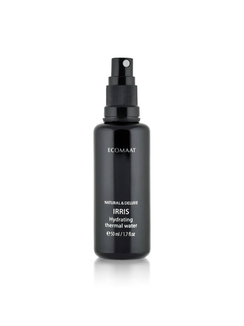 Bottle of Irris Thermal Water with Bulgarian iris root extract, providing aromatic hydration, soothing, and skin renewal for face and body
