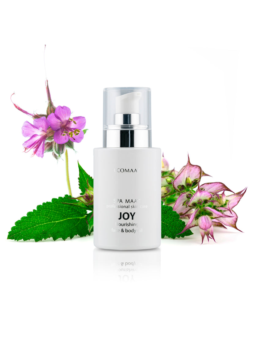 JOY Face & Body Oil with Bulgarian Zdravetz and Clary Sage essential oils for hydrated, radiant skin, improved elasticity and emotional wellbeing.