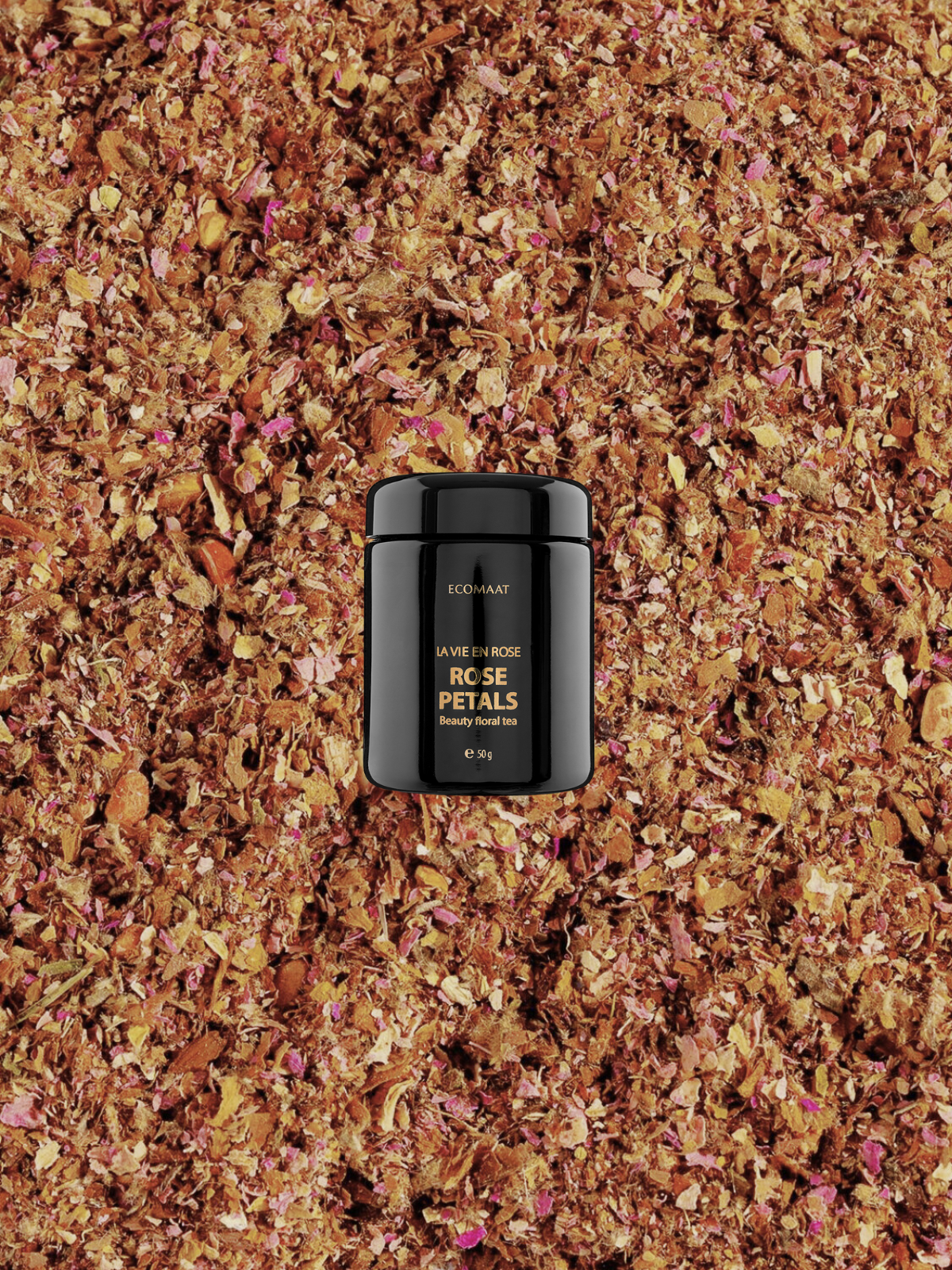 Cup and box of La Vie en Rose Beauty Floral Tea with organic Bulgarian Rosa Damascena petals, supporting skin radiance, hydration, even complexion, and inner wellness