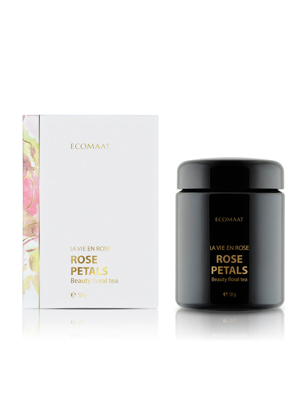Cup and box of La Vie en Rose Beauty Floral Tea with organic Bulgarian Rosa Damascena petals, supporting skin radiance, hydration, even complexion, and inner wellness