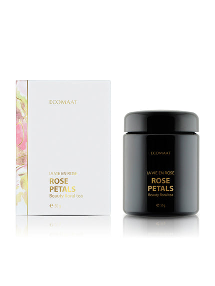 Cup and box of La Vie en Rose Beauty Floral Tea with organic Bulgarian Rosa Damascena petals, supporting skin radiance, hydration, even complexion, and inner wellness