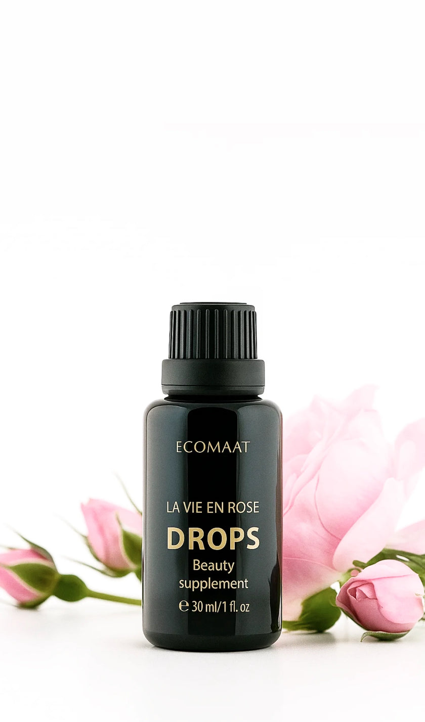 Bottle of La Vie en Rose Beauty Supplement Drops with CO2-extracted Bulgarian Rosa Damascena, organic supplement for skin radiance, hydration, elasticity, and antioxidant protection