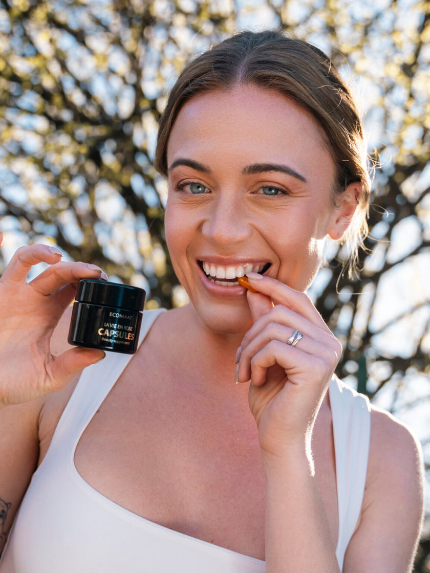 Bottle of La Vie en Rose Bio Beauty Capsules with Bulgarian rose extract, supporting radiant skin, hydration, elasticity, and overall wellness
