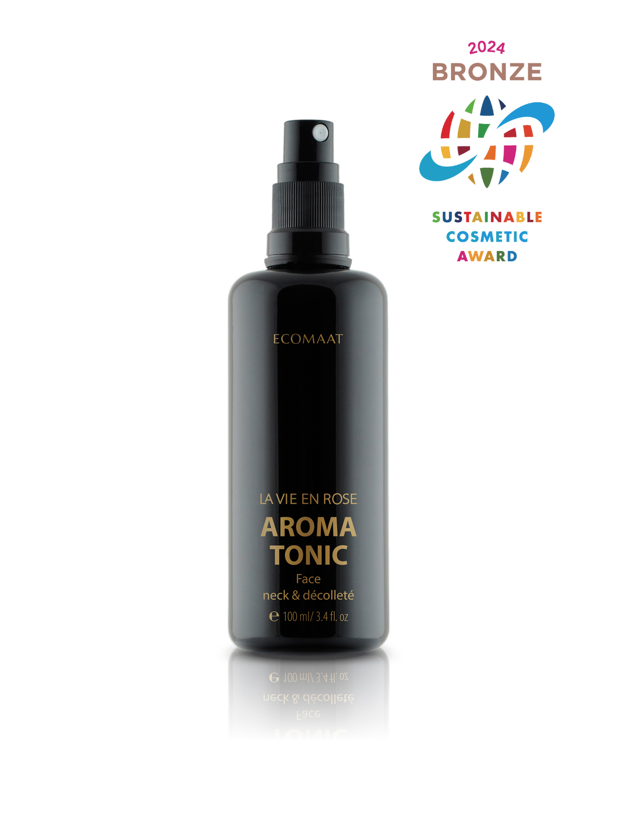 Bottle of La Vie en Rose Face, Neck & Décolleté Tonic with Rosa Alba and Rosa Damascena, 100% organic hydration and radiance tonic for delicate skin, refining pores and enhancing elasticity