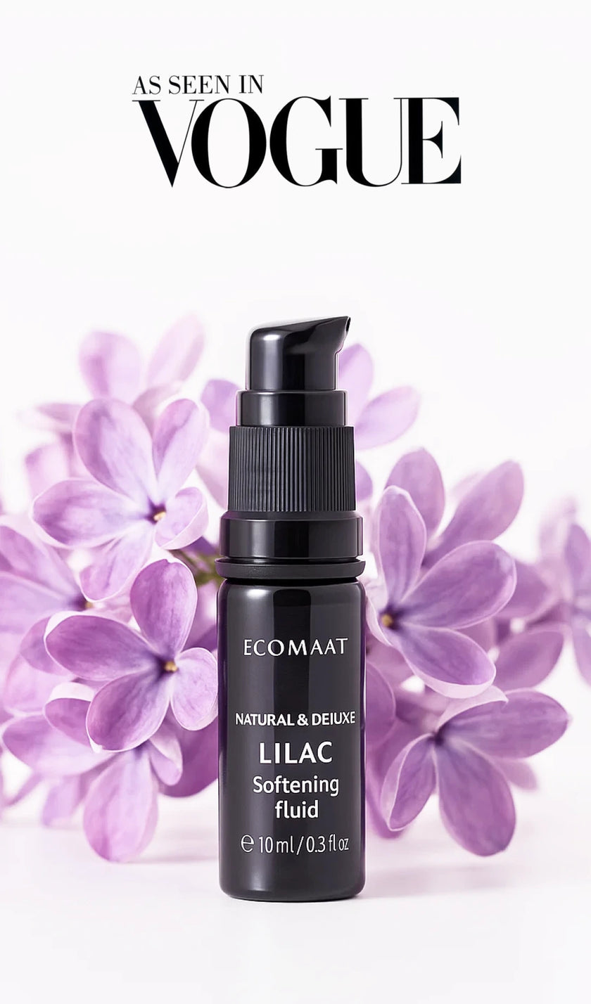 Bottle of Lilac Ritual Fluid with CO2-extracted lilac blossoms, organic face elixir for tenderness, glow, skin renewal, and repair of scars and age spots