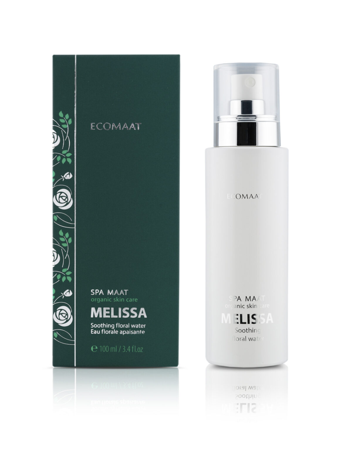 Bottle of Melissa Floral Water distilled from lemon balm blossoms, soothing sensitive, irritated, and rosacea-prone skin while calming stress, anxiety, and tension