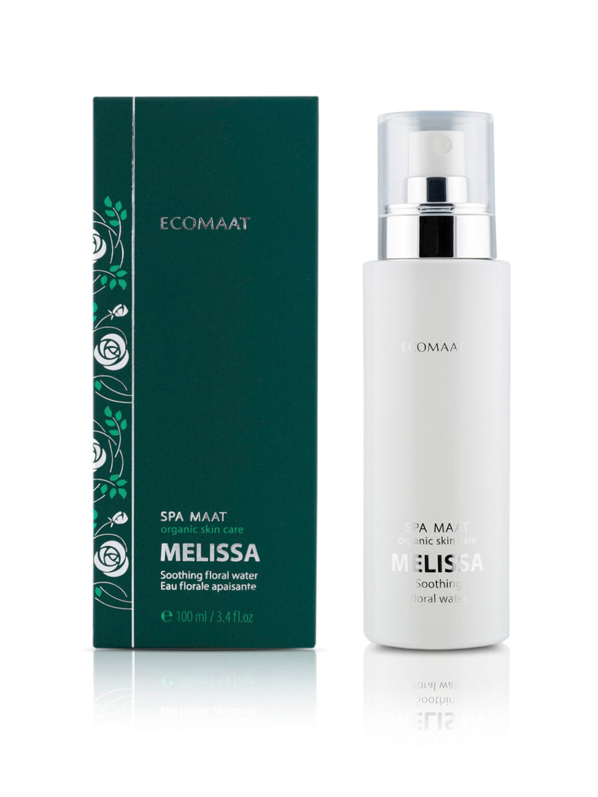 Bottle of Melissa Floral Water distilled from lemon balm blossoms, soothing sensitive, irritated, and rosacea-prone skin while calming stress, anxiety, and tension