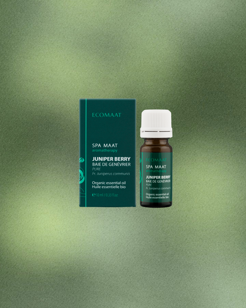100% organic Juniper essential oil (Juniperus communis) in a 10ml glass bottle, used for detoxifying skincare, purifying pores and supporting oily and problematic skin when diluted in carrier oil.