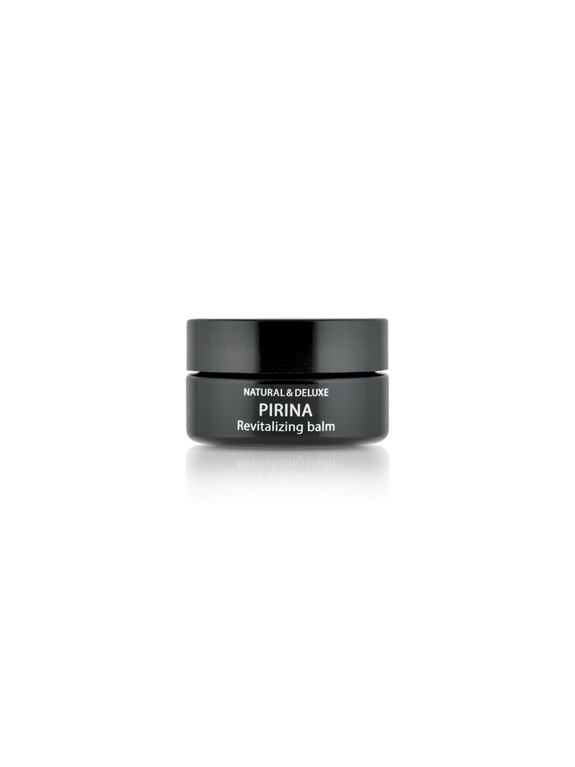 Jar of Pirina Revitalizing Face Balm with Mursal tea, linden blossom, wild apple, and aloe extracts, balancing and mattifying treatment for oily and combination skin