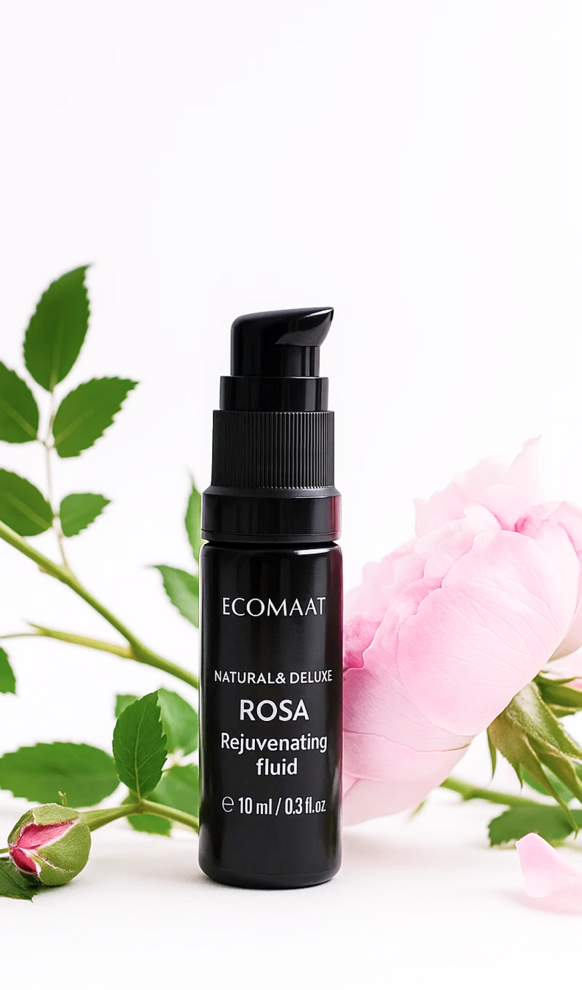 Bottle of Rosa Face Fluid with CO2-extracted Bulgarian Rosa Damascena, organic face elixir for hydration, radiance, skin renewal, and anti-aging care