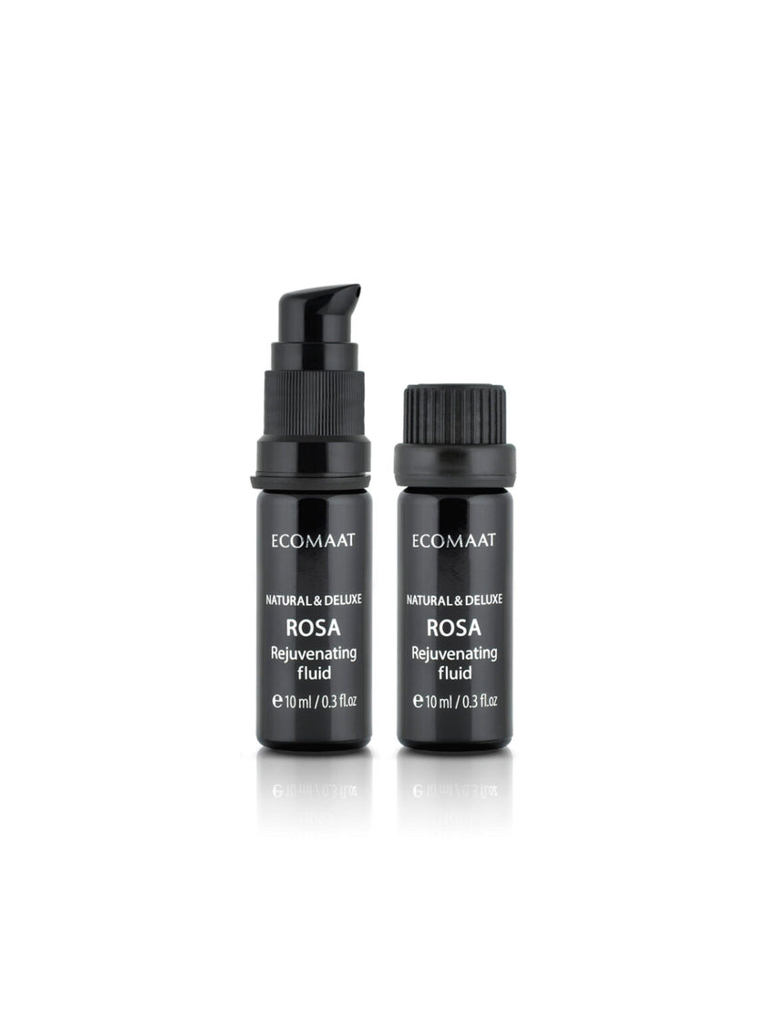 Bottle of Rosa Face Fluid with CO2-extracted Bulgarian Rosa Damascena, organic face elixir for hydration, radiance, skin renewal, and anti-aging care