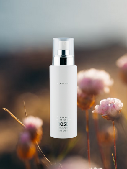 Bottle of Rose Floral Water, 100% organic tonic with Bulgarian rose, hydrating, softening, and regenerating care suitable for all skin types