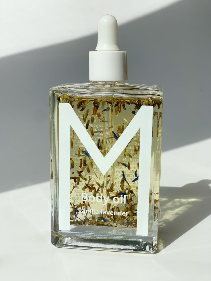 Bottle of Vanilla Lavender Night Muse Body Oil with lavender, vanilla, saffron, and passiflora oils, providing calming hydration, overnight skin renewal, and soothing care for body and spirit