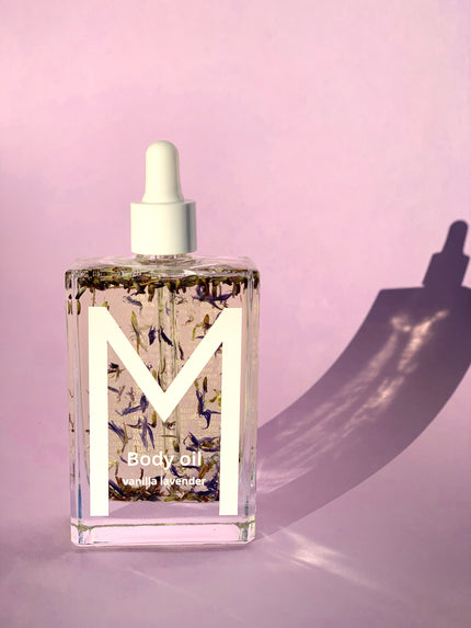 Bottle of Vanilla Lavender Night Muse Body Oil with lavender, vanilla, saffron, and passiflora oils, providing calming hydration, overnight skin renewal, and soothing care for body and spirit
