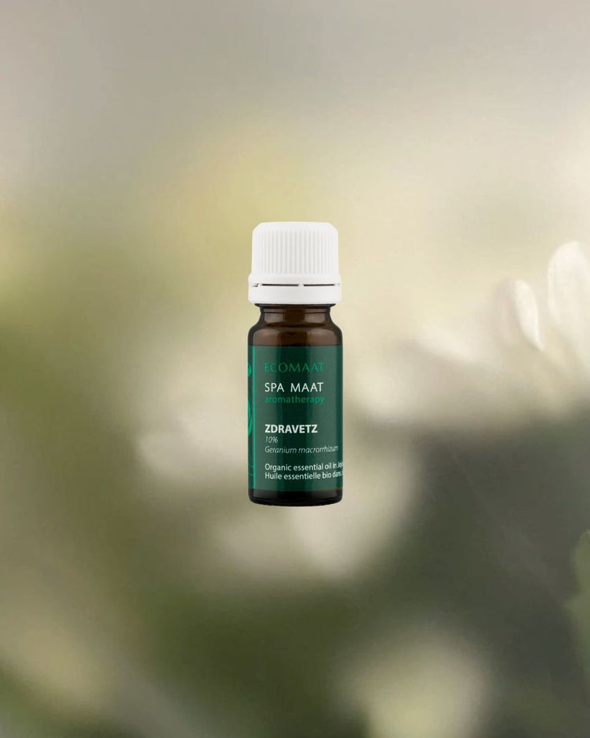 Zdravetz essential oil 10% diluted in organic jojoba oil, derived from wild geranium (Geranium macrorrhizum), in a 10ml pharmaceutical glass bottle for skincare use.